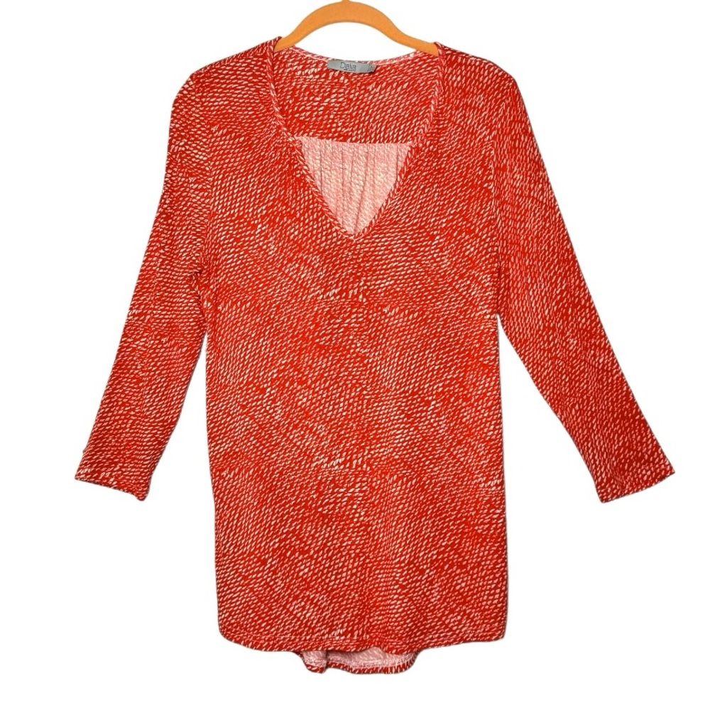 Dalia Women’s V-Neck Stretch Tunic Top Small Orange Red 3/4 Sleeve Summer - Picture 4 of 12